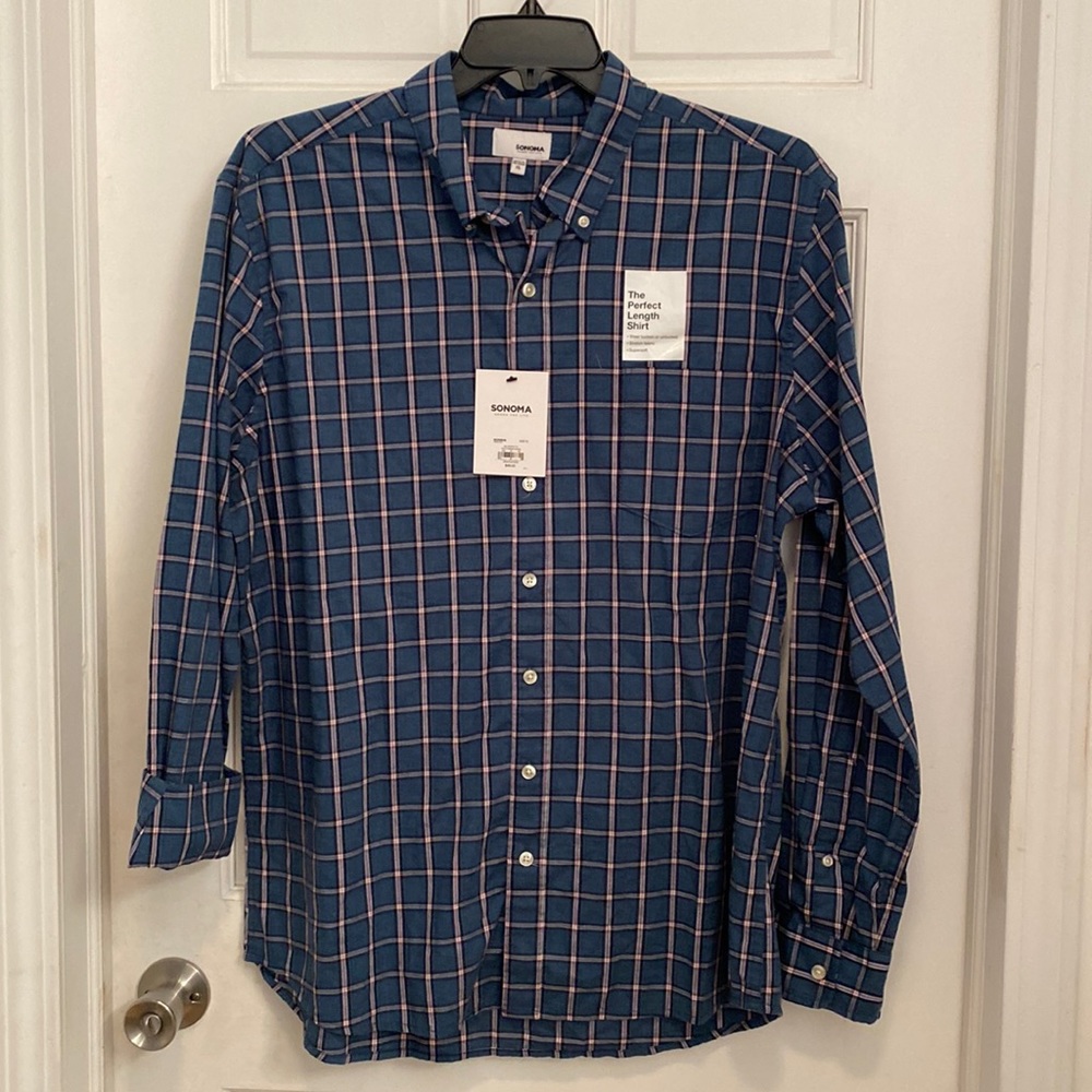 Sonoma Blue Gridlock Plaid Long Sleeve Button Up Shirt Men's XL NWT - Picture 1 of 8